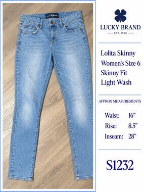 Lolita Skinny Fit Lucky Brand Stretchy Women's Light Wash Size 6 Jeans S1232